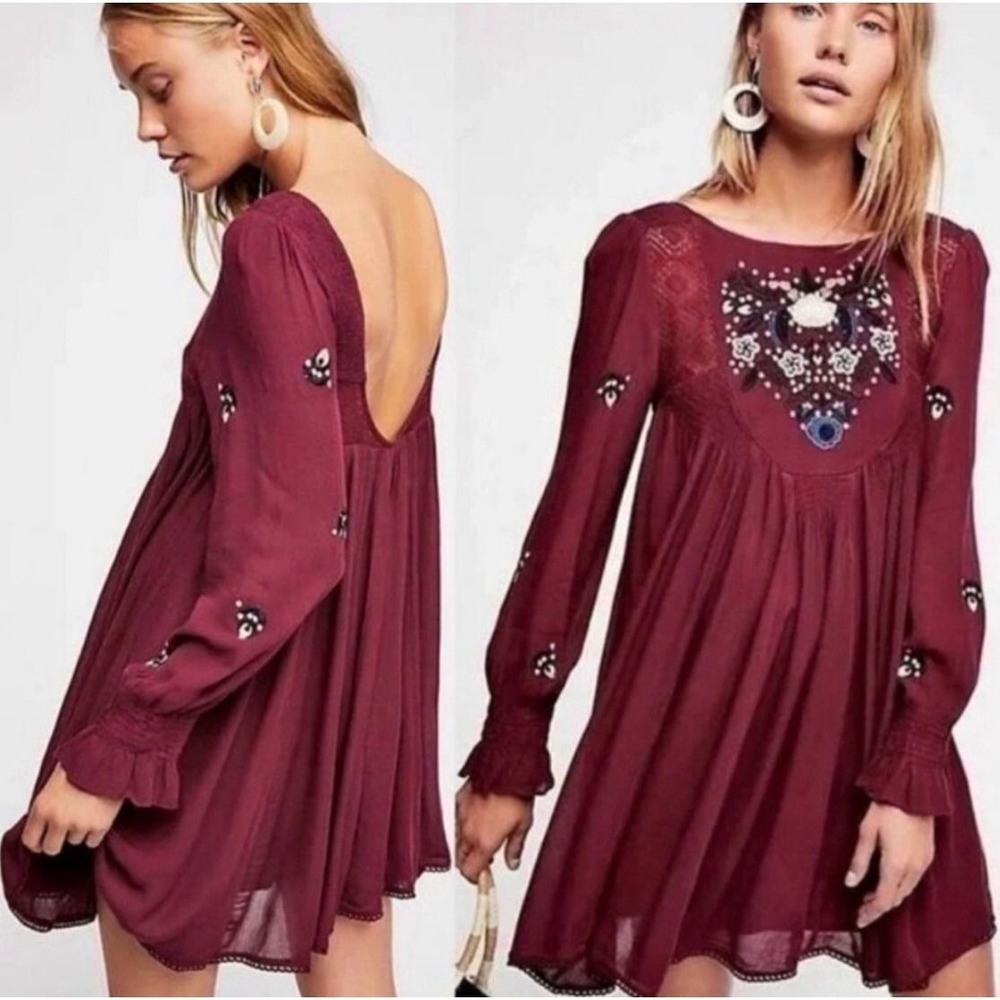 Free People Mohave Embroidered Mini Dress Plum Burgundy Long Sleeve Boho New